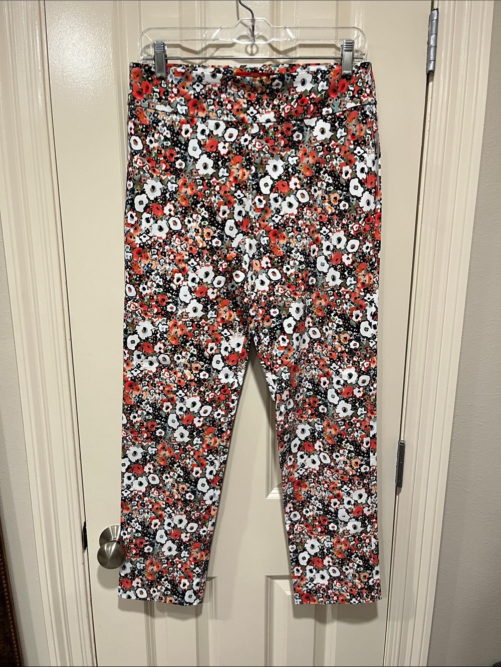 Krazy Larry Floral Print Capri Pants - Coral, White, Black, Light olive green.